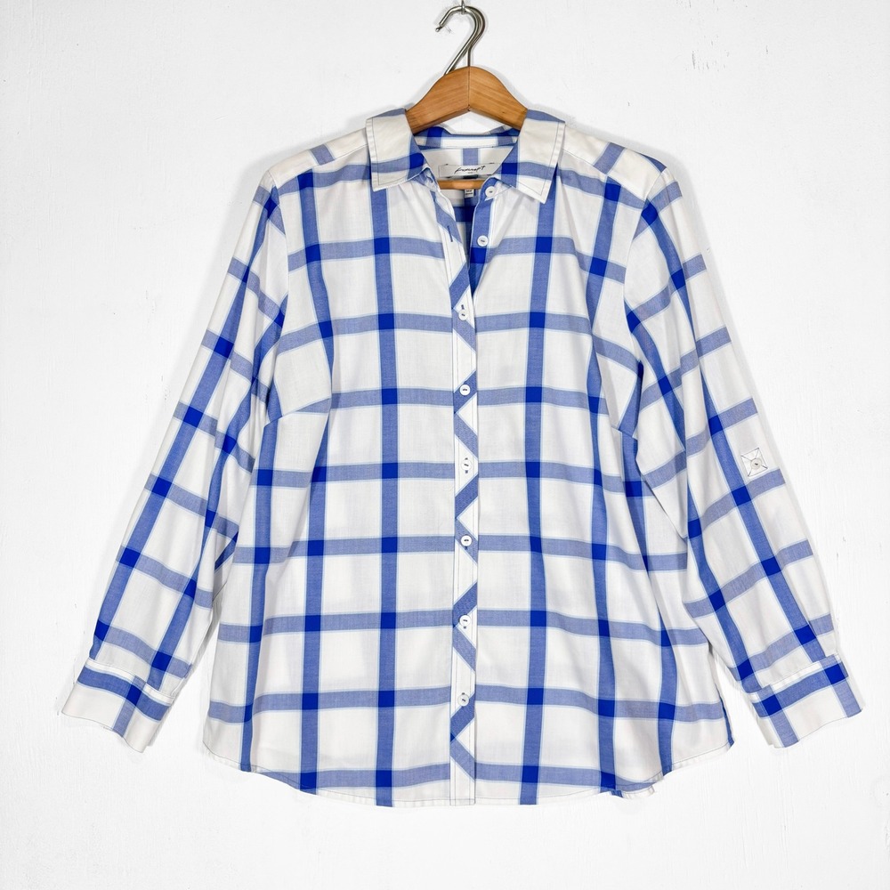 Foxcroft NYC Blue White Plaid Wrinkle Free Button Down Shirt 14W Relaxed Fit